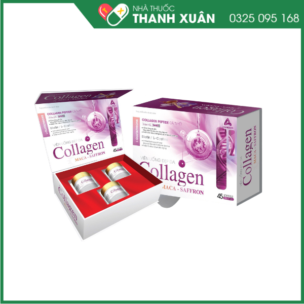 Viên uống đẹp da Collagen MACA-SAFFRON Hỗ trợ tăng độ ẩm,  giảm các triệu chứng nhăn da, sạm da